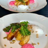 Pasnip with beetroot mayo and home made vegan cheese. at Roka in Rovaniemi