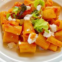 Entree pasta with tomato sauce & vegan cheese. at Roka in Rovaniemi