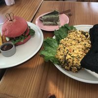 Tofu scramble sandwich and black bean quinoa burger  at iVegan Supershop Da Nang - Healthy Plant Based Cafe in Da Nang
