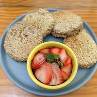 Banana pancakes - the Nutella is hidden beneath the strawberries :-) at iVegan Supershop Da Nang - Healthy Plant Based Cafe in Da Nang