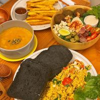 Scramble tofu, falafel bowl, pumpkin soup & sweet potato fries at iVegan Supershop Da Nang - Healthy Plant Based Cafe in Da Nang