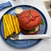 Vegan meat burger with plantain fries  at iVegan Supershop Da Nang - Healthy Plant Based Cafe in Da Nang