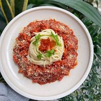 Spaghetty with plant based meat is a bomb at iVegan Supershop Da Nang - Healthy Plant Based Cafe in Da Nang