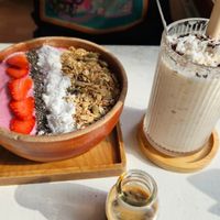 strawberry smoothie bowl & the best coconut coffee at iVegan Supershop Da Nang - Healthy Plant Based Cafe in Da Nang
