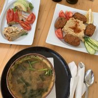Bruschette vegane, miso soup and falafel with hummus   at Local in Sibiu