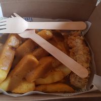 Battered sausage, chips and curry sauce  #Veganuary at Saving Nemo in Darlington