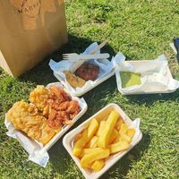 Vegan fish & Cajun prawns, chips, battered sausage and friend chicken and tray of mushy peas n tartar sauce at Saving Nemo in Darlington