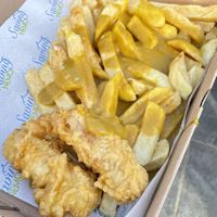 Delicious battered sausages, chips and curry sauce 😍 #Veganuary at Saving Nemo in Darlington