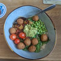 Reis-Falafel-Bowl mit Ratatouille-Gemüse, Edamame & Guacamole at Wittkoop in Meersburg