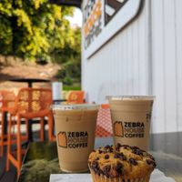 Banana chocolate chip muffin, iced soy latte, PB banana protein shake at Zebra House Coffee in San Clemente