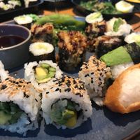 their mango avocado roll, tofu and avocado nigiri, crunchy roll, and avocado hosomaki, beans and sea weed salad 😍🌱 at Catch Sushi Bar in Aalborg