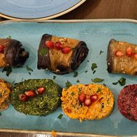 Aubergine rolls and pkhali selection (walnut paste with beans, spinach, carrot & beetroot) at Kartuli in South East London