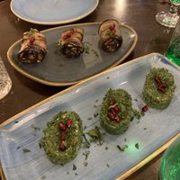 Spinach pkhali and aubergine walnut rolls  at Kartuli in South East London