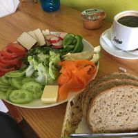 Healthy breakfast plate - veggies, tofu and bread  at Schronisko PTTK Przysłop in Wisla