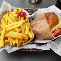 Burger and fries at Burgermeister Oberdorf in Zurich
