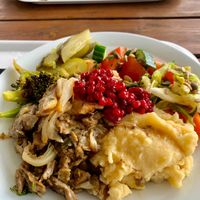 Vegan broad bean fry & lingonberry and potato mash & pickles. (Buffet lunch) at Café Ursula in Helsinki