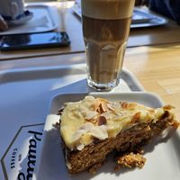 Carrot cake and latte with oat milk. at Café Ursula in Helsinki