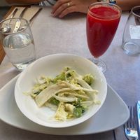 Cabbage Celery & Fennel Salad & Orange Beet & Turmeric juice at Ca n'Ela Vegan Restaurant in Mallorca