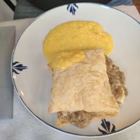 Aubergine and vegan cheese pastry at Ca n'Ela Vegan Restaurant in Mallorca