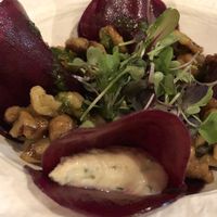 Main course: Beetroot ravioli (these are not coloured pasta but thin slices of beetroot )  at Ca n'Ela Vegan Restaurant in Mallorca