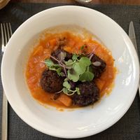 Soy ‘meat’ balls in tomato and carrot sauce.   at Ca n'Ela Vegan Restaurant in Mallorca