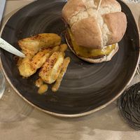 Burger with potatoes   at Ca n'Ela Vegan Restaurant in Mallorca