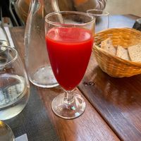 Rote Beete-Orange-Kurkuma-Saft (1. Gang)  at Ca n'Ela Vegan Restaurant in Mallorca