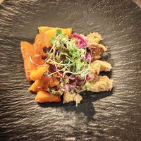 Homemade Seitan with lemon cream, sweet potato and roasted carrots.   at Ca n'Ela Vegan Restaurant in Mallorca