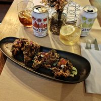 Spinach pakoras with mango chutney and coriander sauce.  at Ca n'Ela Vegan Restaurant in Mallorca