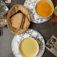 2 soups Sir! (Carrot & Peanuts Cream Soup above, Celery Cream Soup)  at Ca n'Ela Vegan Restaurant in Mallorca