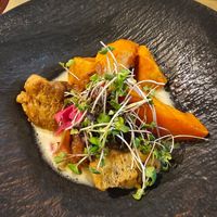 Main course: Saitan with sweet potato and lemon cream sauce. at Ca n'Ela Vegan Restaurant in Mallorca