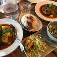 Eggplant Curry, Coconut Rice, Tea Leaf Salad and Vegetable Samusa (all vegan) at Burma Love - Valencia St in San Francisco