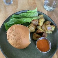 Black bean burger, has vegan and GF options  at Moosewood Restaurant in Ithaca