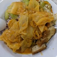 Mixed veg + rice: curry veg, mock fish, veg+tofu at Veggie 素食 121 in Central Singapore