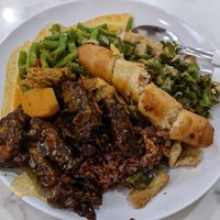 Chose brown rice, two vegetables, two mock meats and curry sauce at Veggie 素食 121 in Central Singapore