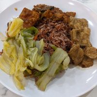 Chose brown rice, cabbage, tempeh and "tofu skin" (tasted like soy steak) at Veggie 素食 121 in Central Singapore