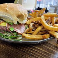 Vegan bacon burger with fries  at Root and Press in Worcester