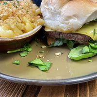 Vegan mushroom burger with vegan mac   at Root and Press in Worcester