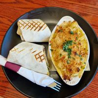Chicken burrito and mac and cheese (all vegan) at Root and Press in Worcester