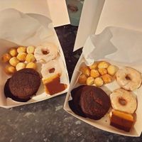 Dough balls, glazed doughnuts, millionaire shortbread and chocolate cookies at Wee Vegan Bakery in Dunfermline