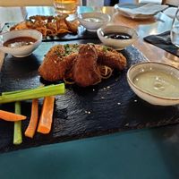 'Wings' with 3 types of dipping sauces: chilli, BBQ, and mayo. at Samadhi in San Jose