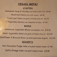 Vegan menu (September 2025). Soup of the day was curried root veg at The Tyndrum Inn in Crianlarich