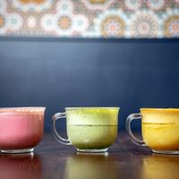 Superfood Lattes made with almond milk, with amazing ingredients like turmeric, ginger, matcha, ashwaganda, and more! at Allan's Mediterranean Bar and Grill in Middletown