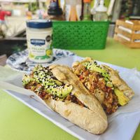Vegan baguette, bonus points for serving it with vegan mayo!  at Les Amis in Playa Del Carmen