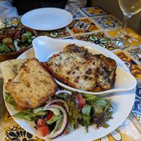 Butternut squash lasagne with garlic bread at Olive Grove Bistro in Worksop