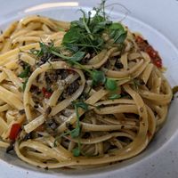 Spaghetti with olive oil, capers, chilli & olives at Hope & Anchor in Ulverston