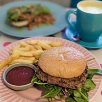 Vegan The Garden Burger, Avocado on Turkish Toast, Turmeric Latte with Soy Milk at The Wayzgoose Diner in Leura