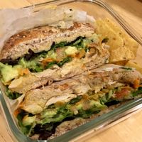 Mediterranean sandwich with vegan chick’n. So good! at Fresh Start Organic Eatery in Astoria