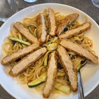Gardein chick’n patty with vegetables and linguine  at Sea Ranch in South Padre Island