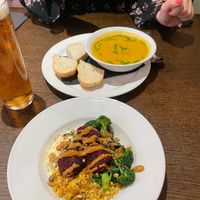 Pumpkin soup and falafel with broccoli at The Waverley in Callander